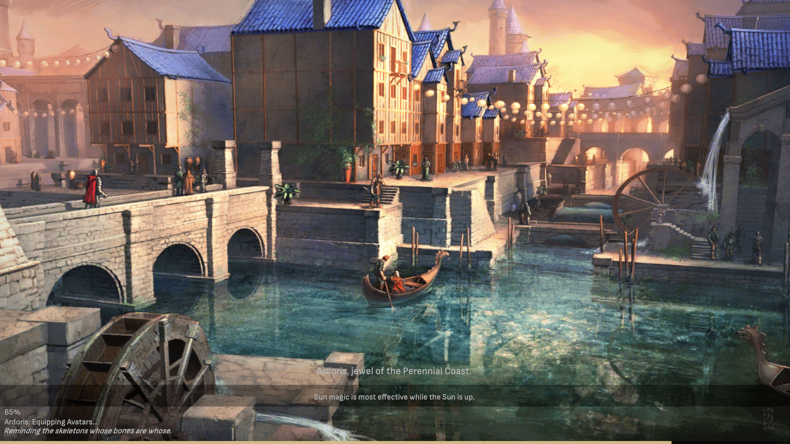 Loading screen showing a progress bar, a phase line and a flavour line
