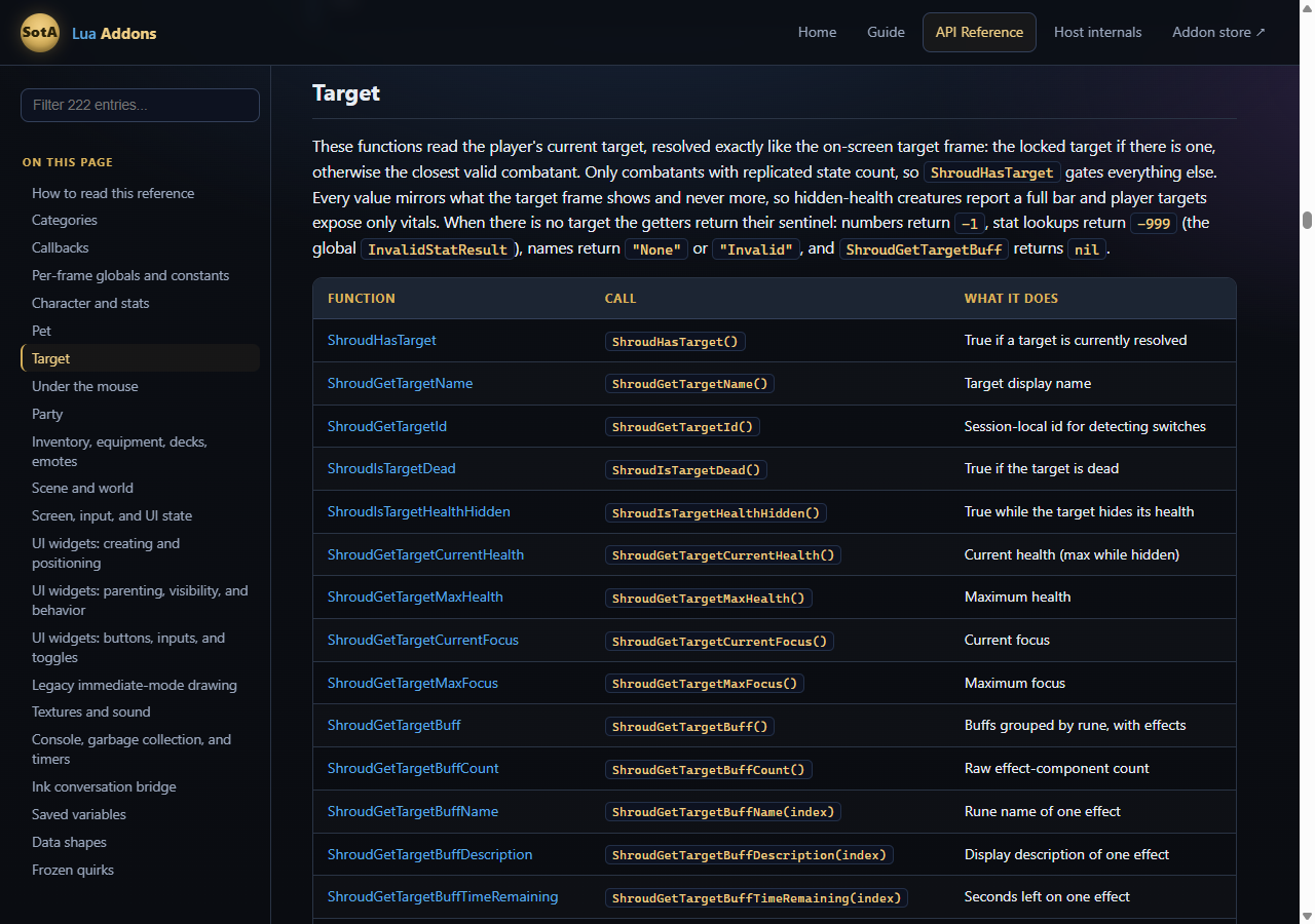 Lua addon API reference web page: a category sidebar on the left and a table of target functions with their call forms and short descriptions