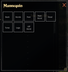 The mannequin window on the new UI framework, its empty equipment slots labelled