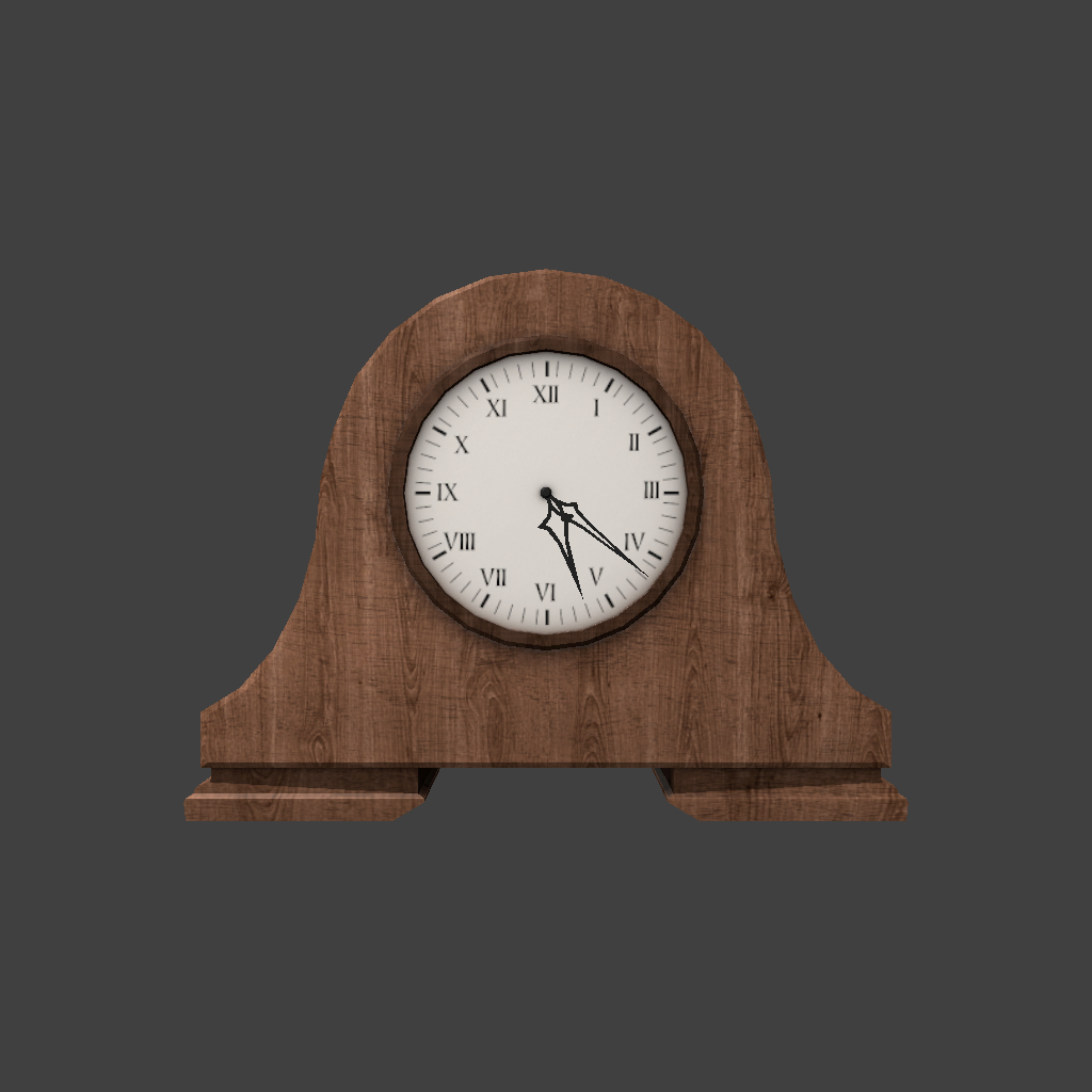 The same wooden mantle clock intact, with a clean white face, roman numerals, and both hands visible