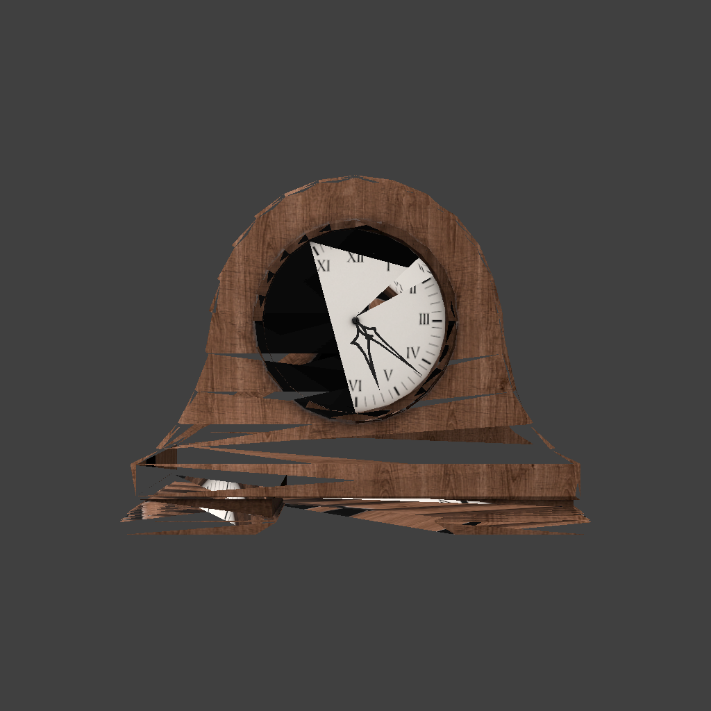A wooden mantle clock rendered with jagged missing slices through its case and a fragmented clock face