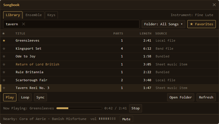 Mockup of the proposed Songbook window with song list, now-playing strip and per-performer mute