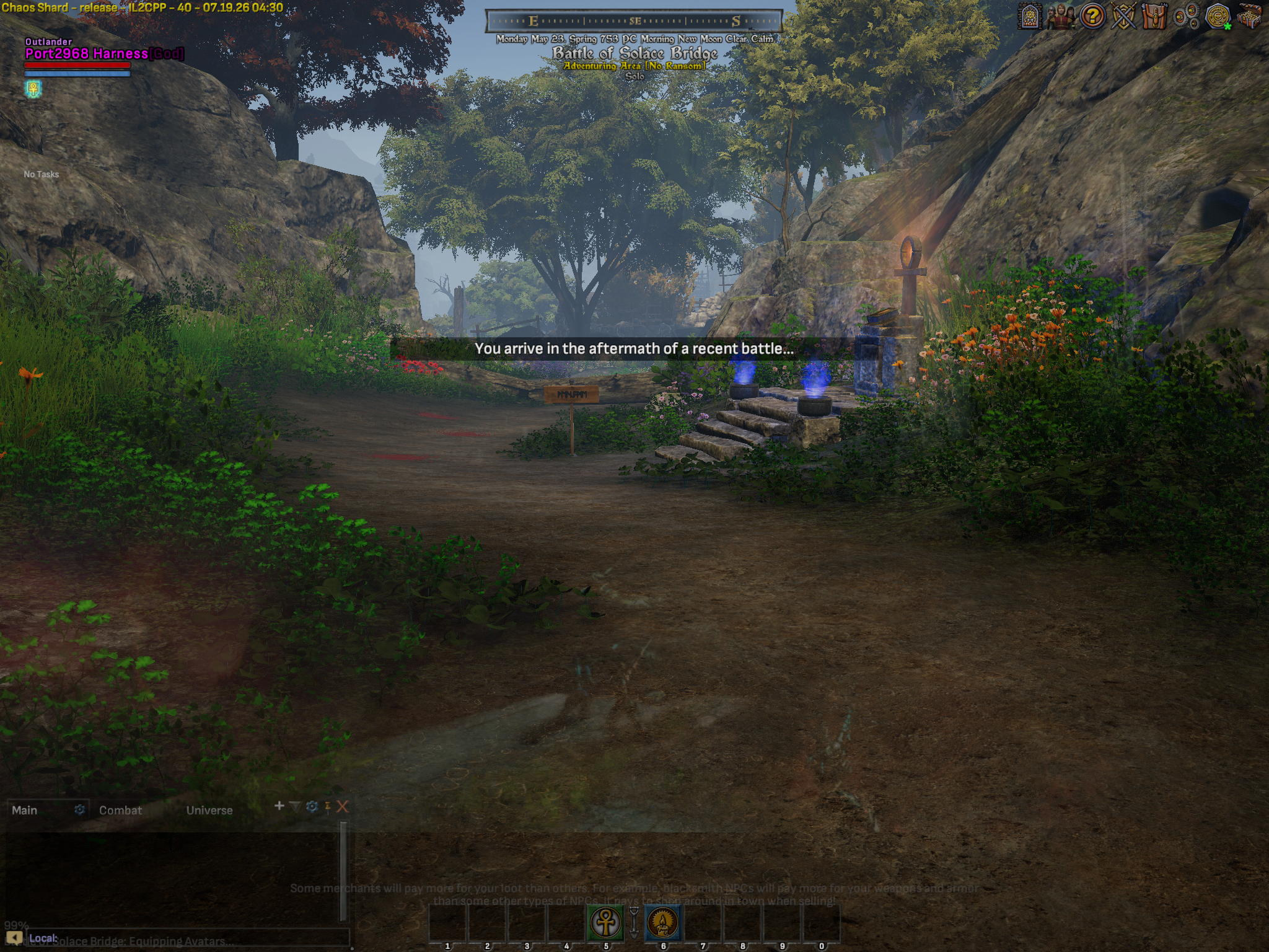 The game running on the native Linux client at the Battle of Solace Bridge, showing the in-world UI and the build 40 label in the corner