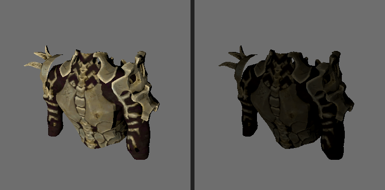 Two bone armor chest pieces rendered side by side, one pale and one charcoal