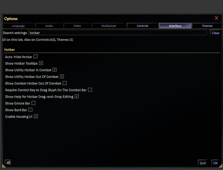 The Options window with hotbar typed into the search box