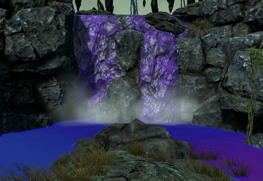 The same waterfall with a band of spray where it lands in the river
