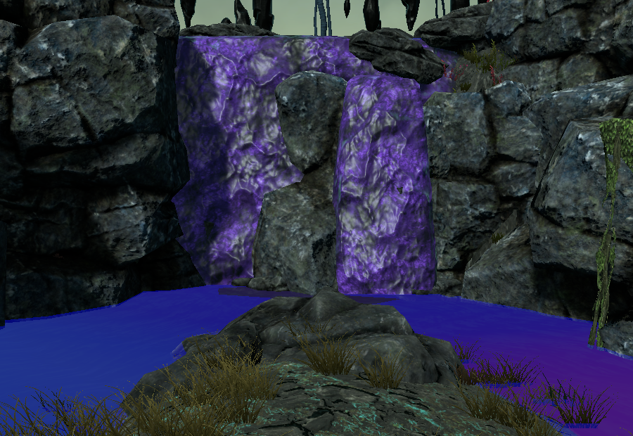 A purple waterfall ending in a straight line against a flat blue river
