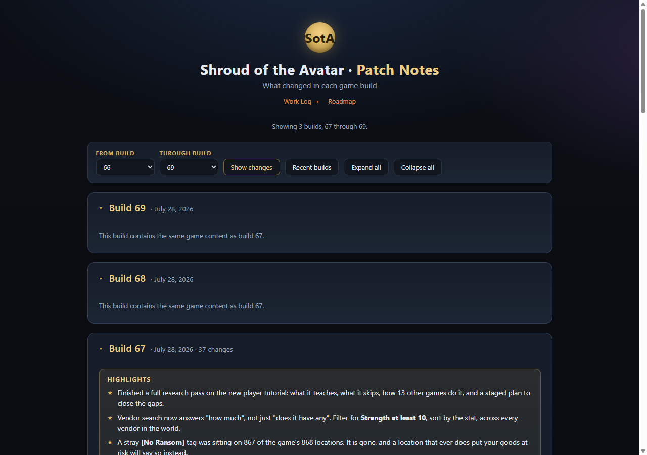 Patch notes page listing builds 69, 68 and 67 with their changes