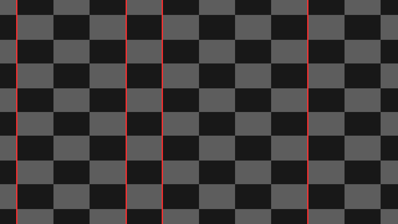 Checkerboard test render with vertical red lines marking columns of changed pixels after a tiny camera move