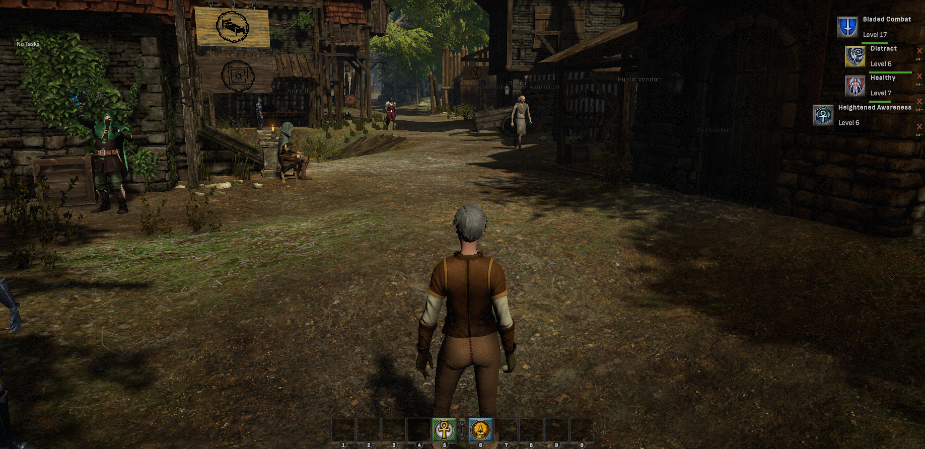 A village street in Soltown rendered normally: dirt road, timber buildings, NPCs, afternoon light