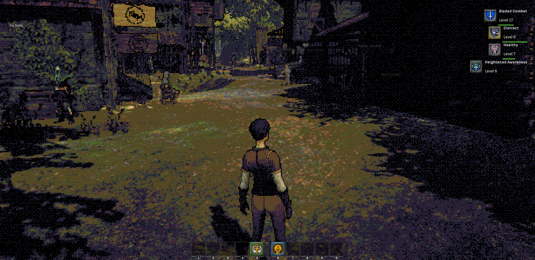 The same Soltown street rendered as chunky pixel art with a 32-color palette and visible dithering, while the interface stays sharp