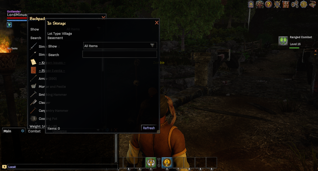 The lot storage window with its lot detail lines and Refresh button