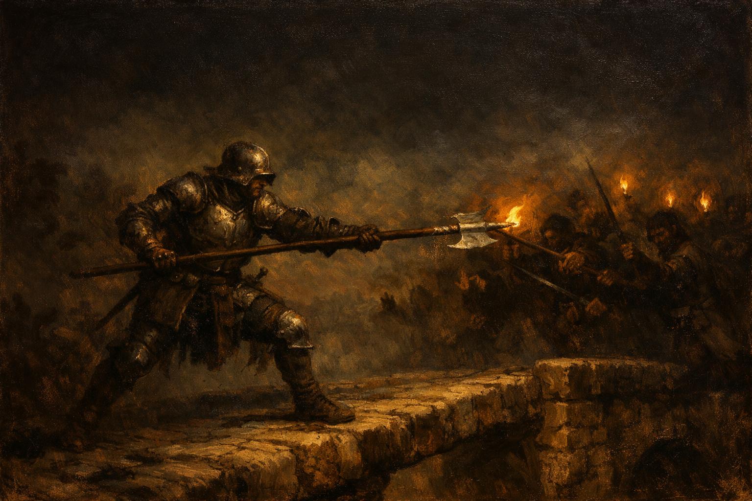 Oil painting of a halberdier holding a stone bridge at dusk