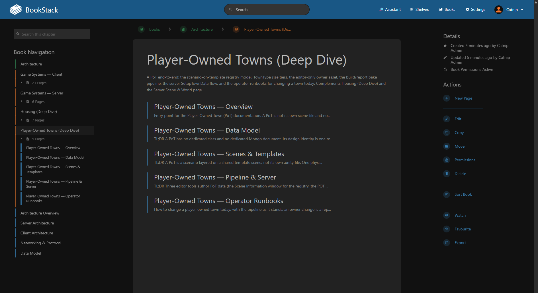 Team wiki chapter page listing the five Player-Owned Towns deep-dive pages