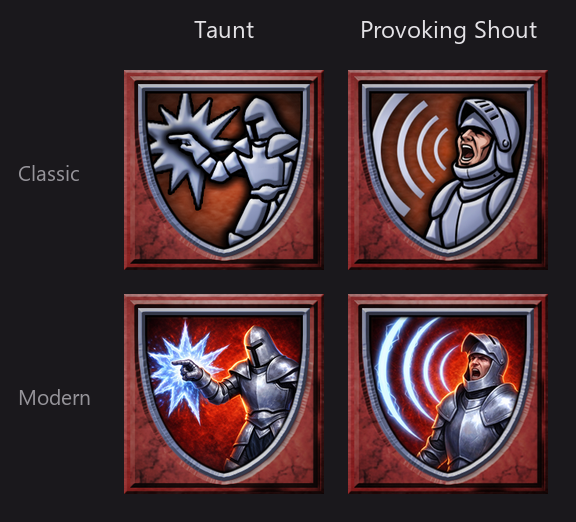 Taunt and Provoking Shout skill icons compared across the Classic and Modern art sets