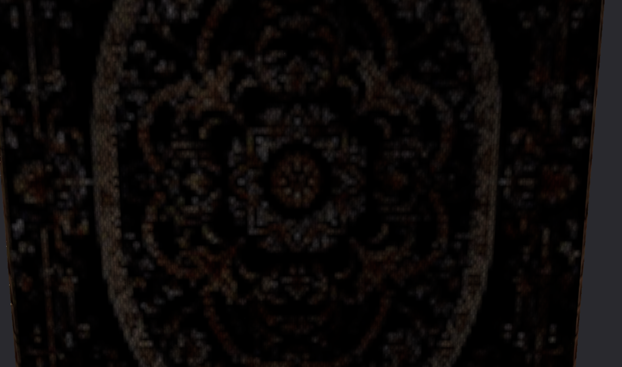 The Huge Rectangle Rug (Black) rendered at the regressed Fastest quality default: the medallion and filigree pattern is smeared and washed out at half texture resolution