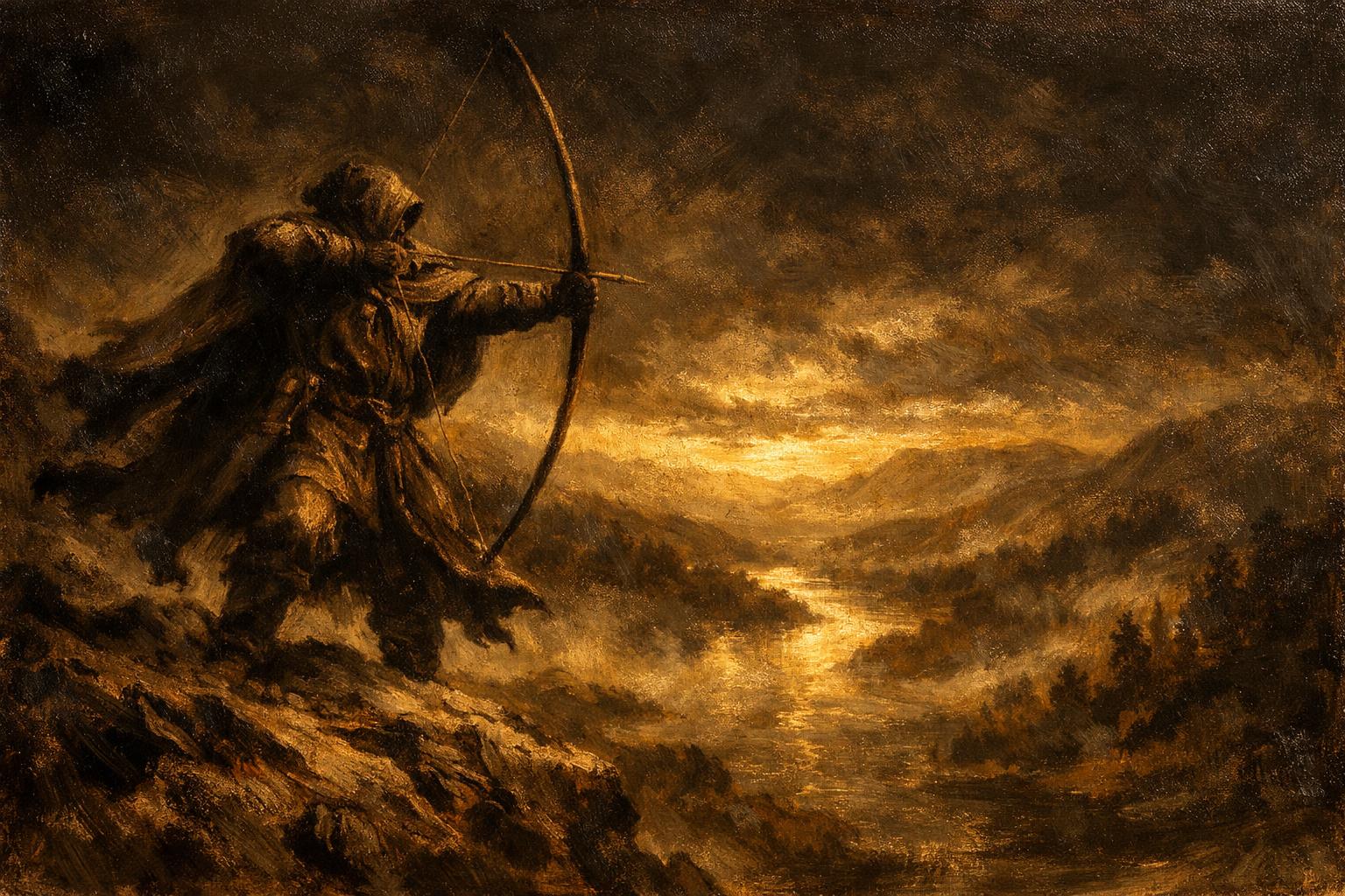 Oil painting of an archer at full draw on a ridge at dusk