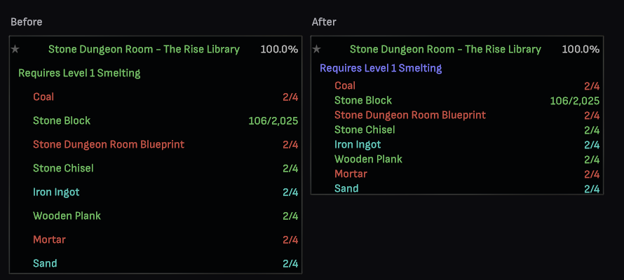 Recipe card before and after the skill requirement colour and spacing change