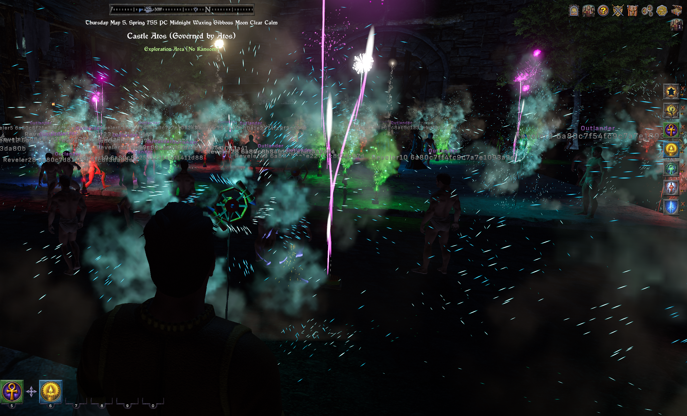 A night courtyard in Castle Atos crowded with test-bot avatars under pink and green fireworks