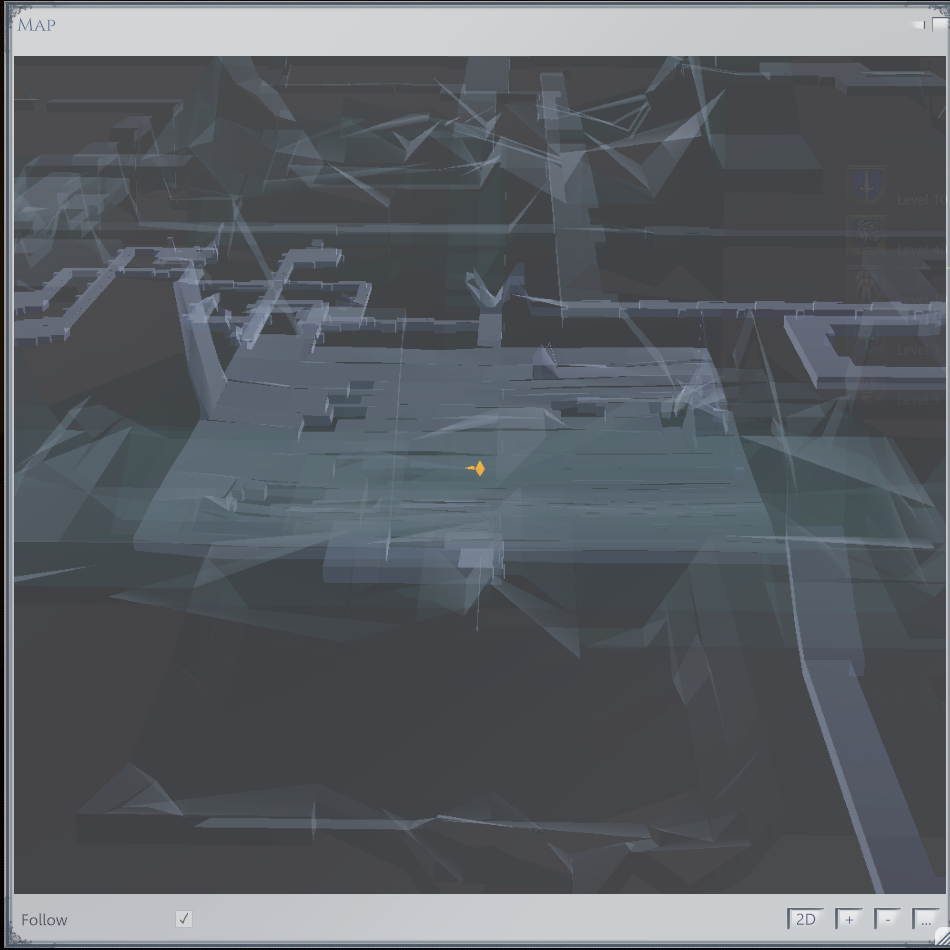 Close-up of the tightened 3D map of The Rise, a room with doorways and the player beacon