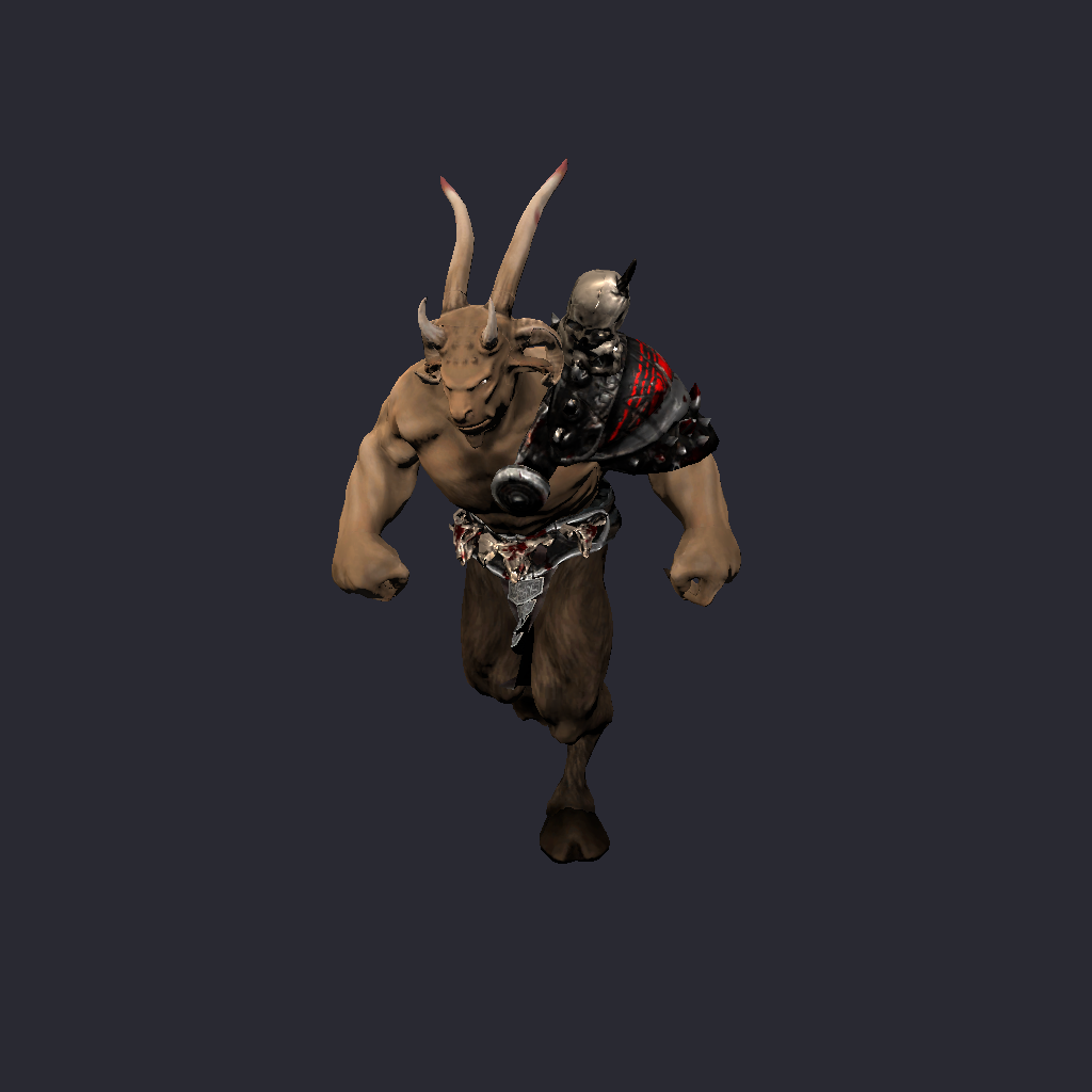 A horned satyr fighter mid-stride in its restored run animation, weapon slung across its back, rendered against a plain dark background