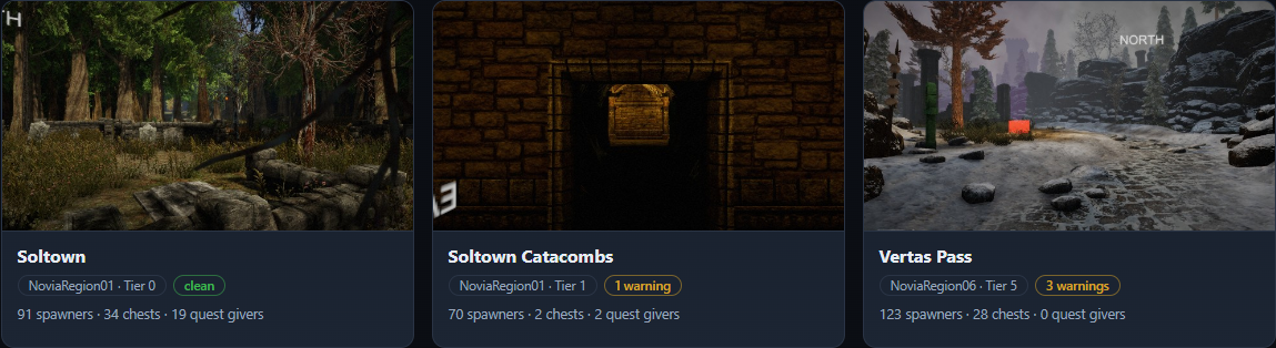 The Scene Analysis browser's card grid with the three pilot scenes: Soltown, Soltown Catacombs, and Vertas Pass, each with a generated thumbnail, tier, load-test badge, and content counts