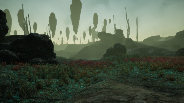 The Grunvald Shardfall as captured by the scene analysis bake: dark rock formations and red ground cover under a hazy sky filled with floating obsidian shards