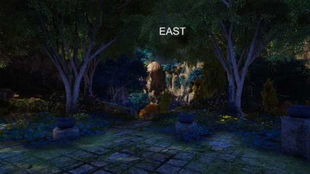 The Isle of Storms entry as captured by the scene analysis bake: a moonlit stone courtyard between trees, looking toward a rock arch marked with the East entry label