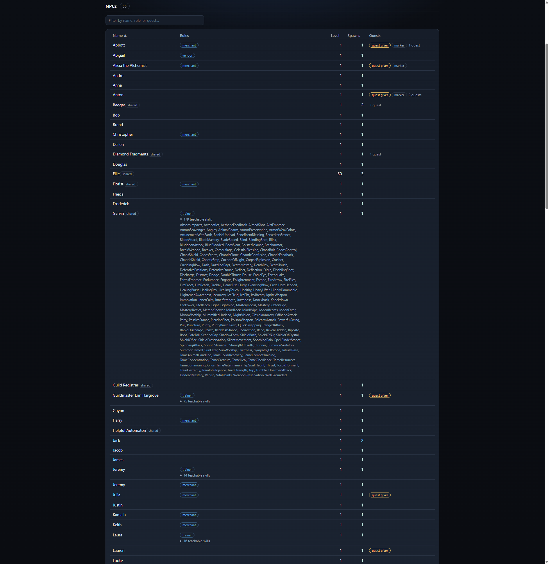 Scene analysis page listing Kingsport NPCs in a table with merchant, bank, and trainer tags and an expanded teachable skills list