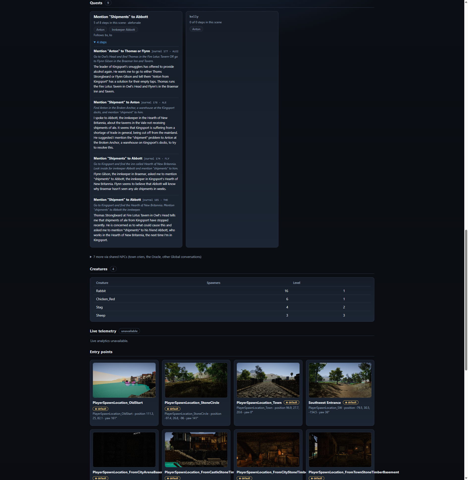 Scene analysis page showing a quest card with journal steps and full quest text, and a creatures table listing rabbits, chickens, stags, and sheep