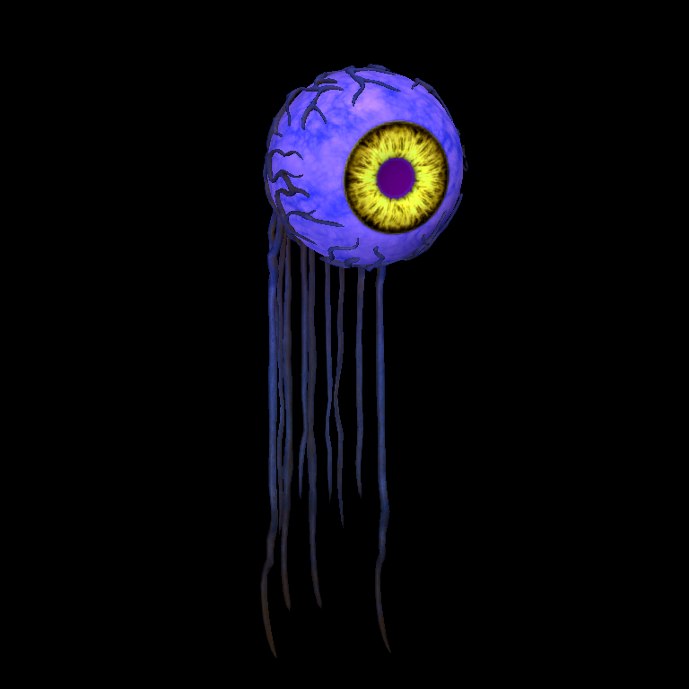 A large floating eyeball with a gold iris and long trailing tendrils