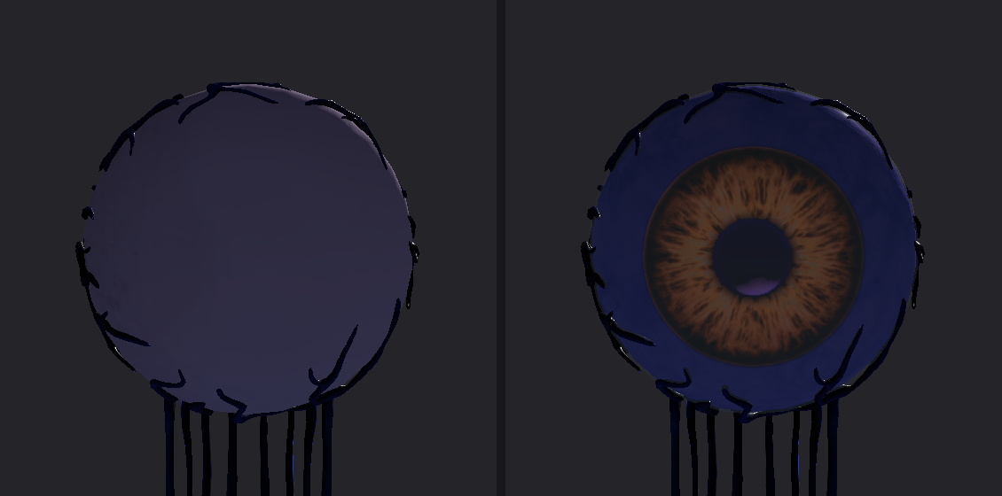 Two renders of a floating eyeball side by side, the left one a blank ball, the right one showing a gold iris