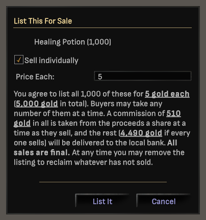 The vendor listing dialog with Sell individually ticked for a stack of healing potions