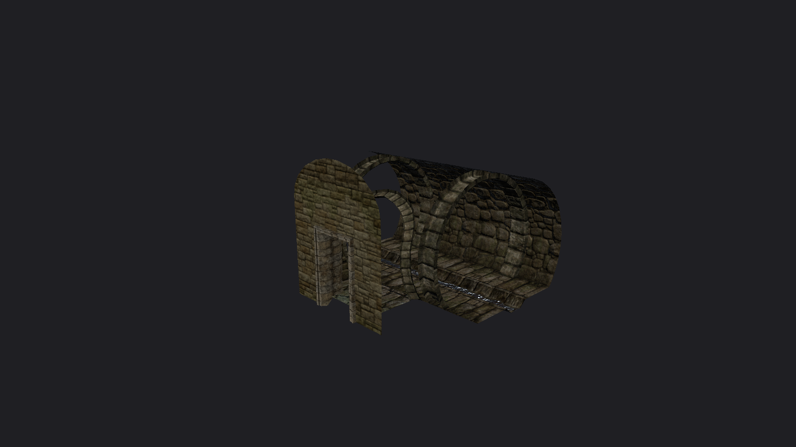 Kit piece render: a round stone sewer tunnel with a water channel, carrying a squared dungeon-style doorway on its side wall