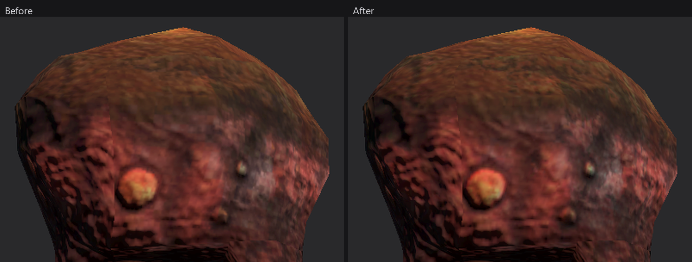 Two crops of a red mushroom-shaped plant side by side, the right one showing sharper surface detail