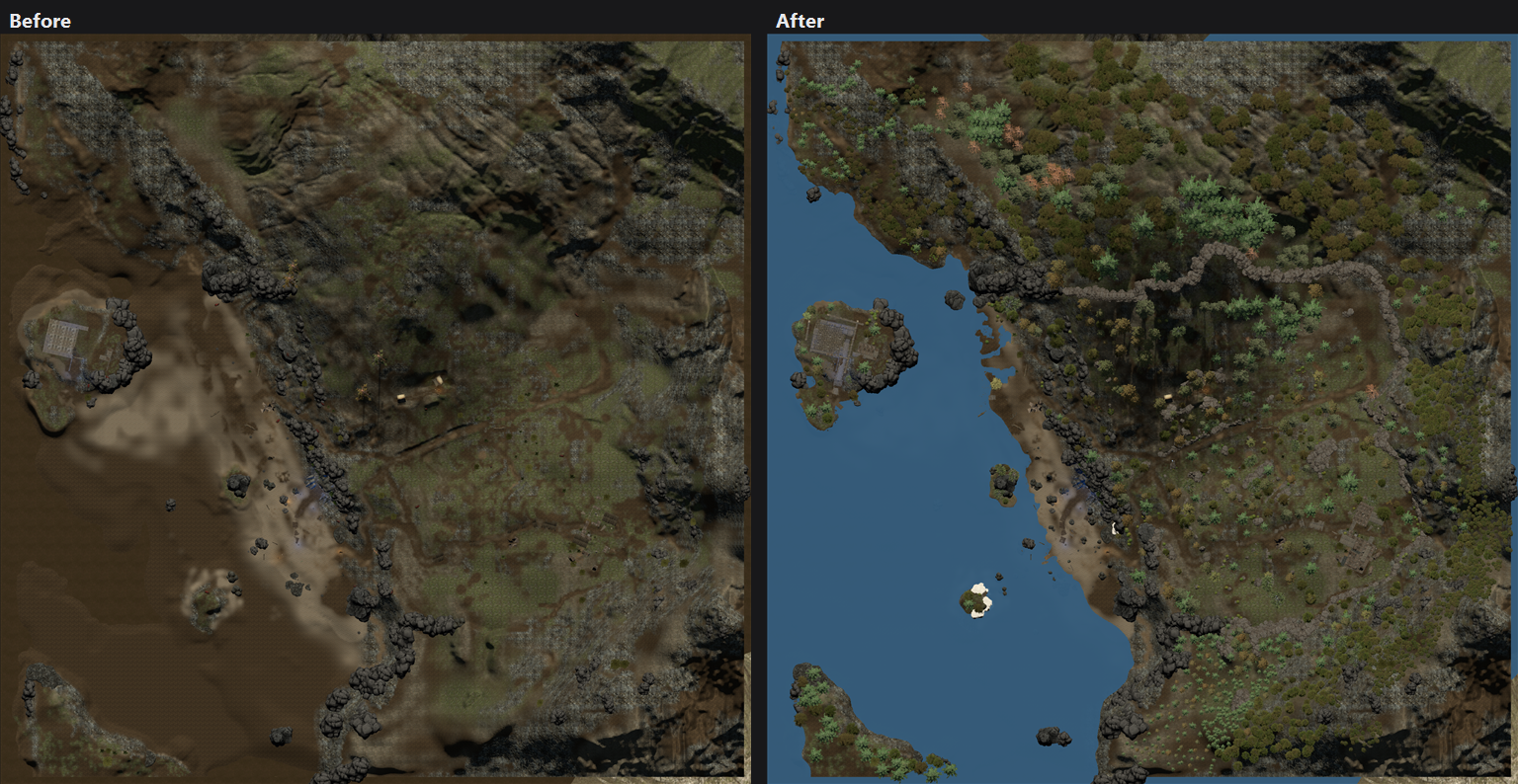 Two versions of the Shores of Malice map side by side, the first showing brown seabed where the sea should be, the second showing open water and a coastline