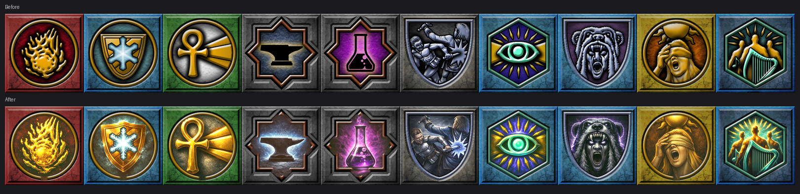 Ten skill icons shown in the original art above and the repainted set below