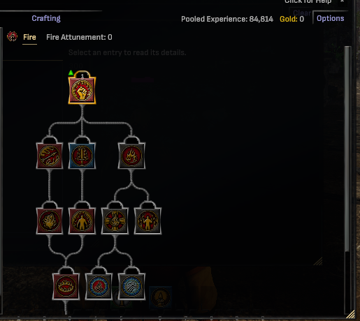 The Fire school skill tree with thin connecting lines running between the crest tiles, bending through corners and three-way forks