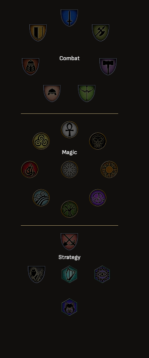 Skill school sigils in three groups with a thin centred line between each group