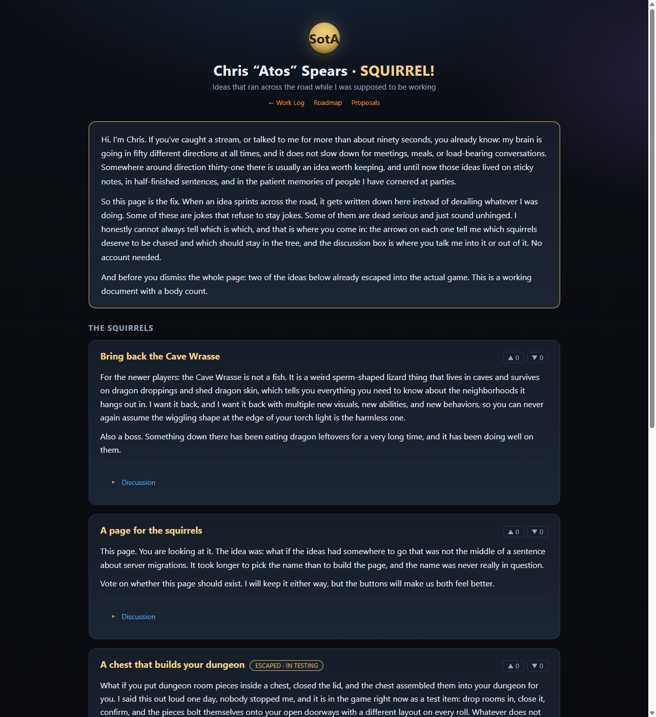 The SQUIRREL! page: an intro card explaining the page, then idea cards titled Bring back the Cave Wrasse, A page for the squirrels, and A chest that builds your dungeon, each with up and down vote arrows and a Discussion link
