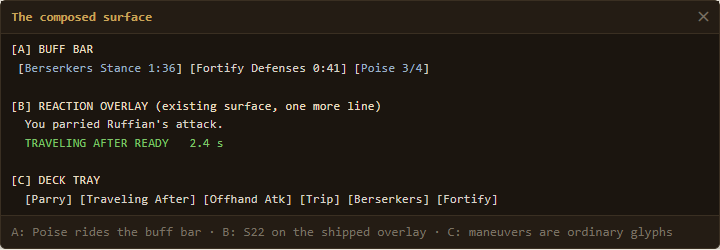 Mockup of the proposed Tactics combat surface with buff bar, reaction overlay, and deck tray