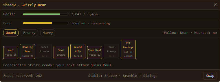 Mockup of the proposed handler HUD from the taming improvement plan: pet health and bond meters, a Guard, Frenzy, Harry stance row, a pet ability bar with Maul, Rending Roar, send and guard commands, and a stable swap footer
