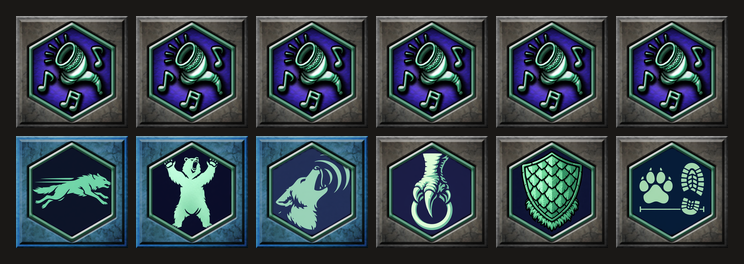 Two rows of Taming skill icons, six identical horn glyphs above and six different glyphs below