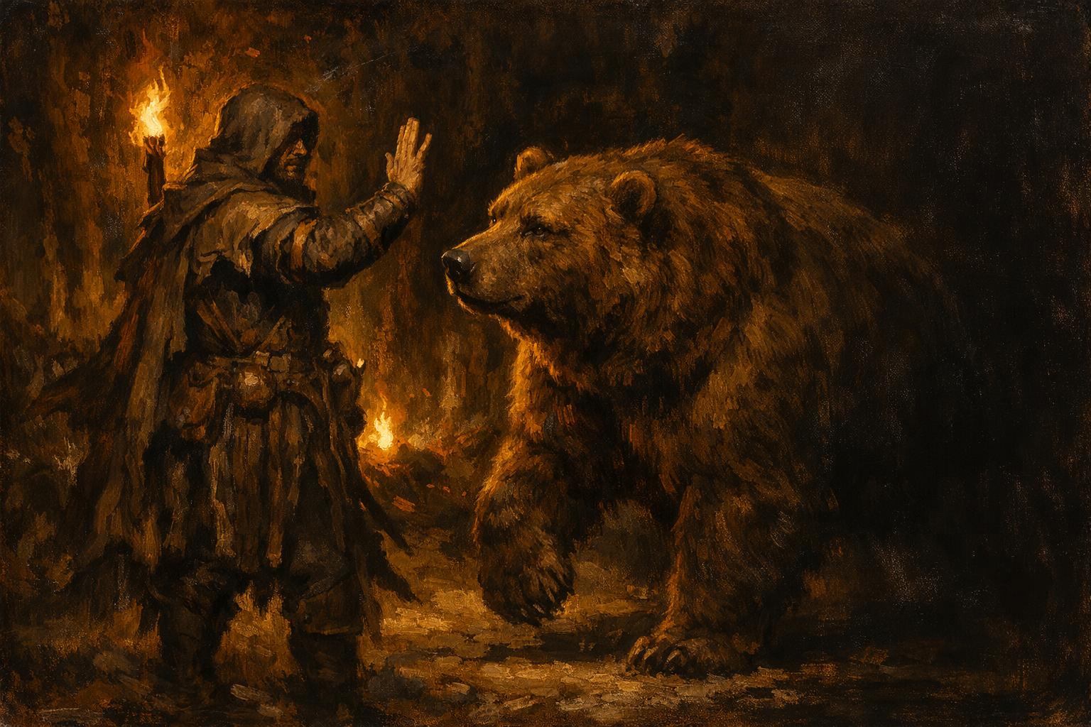 Title card of the taming deep dive: an oil painting of a beast tamer commanding a great bear in a torchlit forest clearing