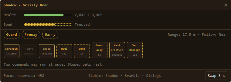 Mockup of the pet status panel and command bar, part shipped and part proposed