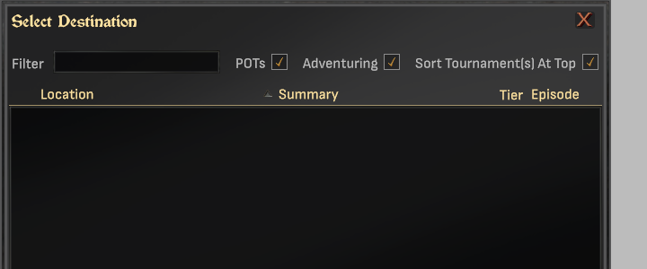 The Select Destination window header with a wide Filter box followed by the POTs, Adventuring and tournament sort checkboxes