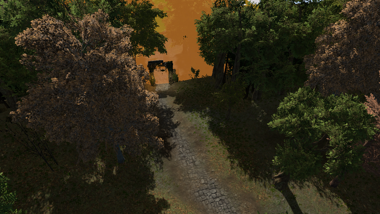 The same forest road encounter with a cobblestone road and grassy forest floor rendering correctly