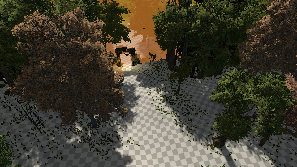 Forest road encounter in the editor with the ground rendered as a gray checkerboard between the trees