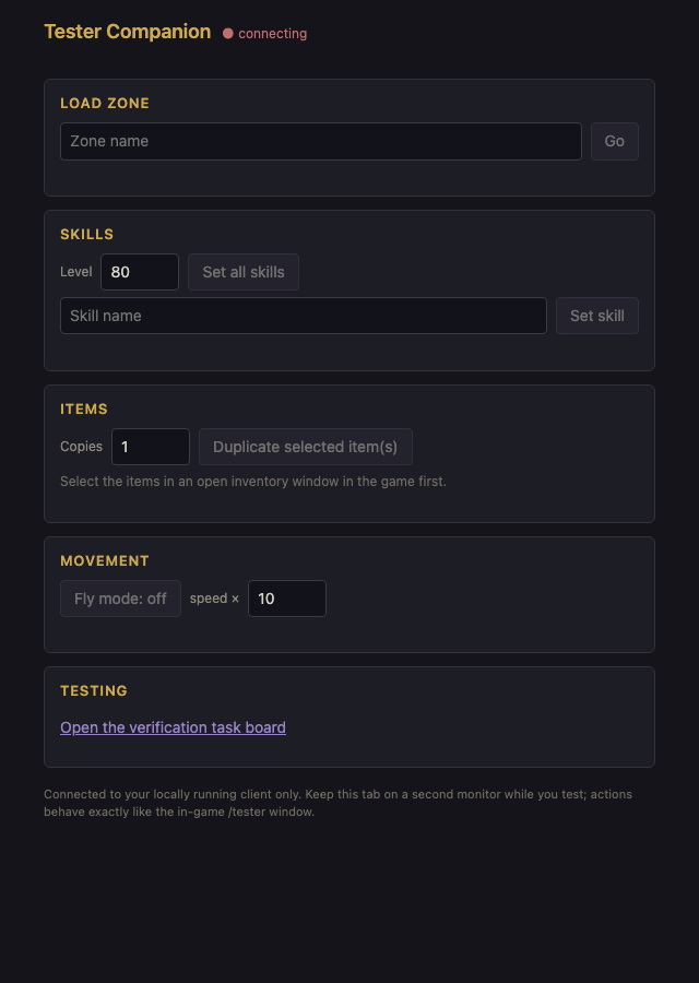 The Tester Companion browser page in a dark theme with cards for Load zone, Skills, Items, Movement, and Testing