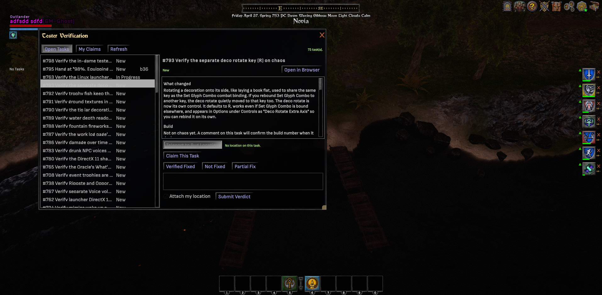 The in-game Tester Verification window over a lakeside scene, showing a task list, a task description, claim and verdict buttons, and a teleport button